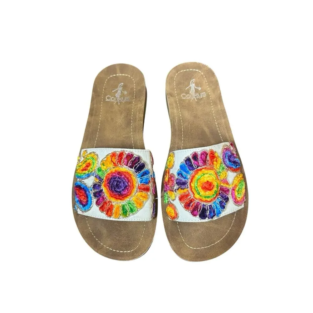 Corkys Pinwheel Slides Slip on Flat Sandals White Multicolor Flower Size 7 Boho‎